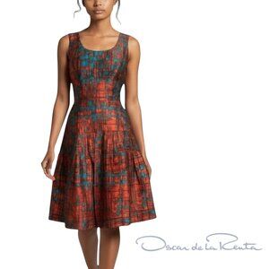 OSCAR DE LA RENTA Abstract Runway Sleeveless Pleated Flare Dress NWOT